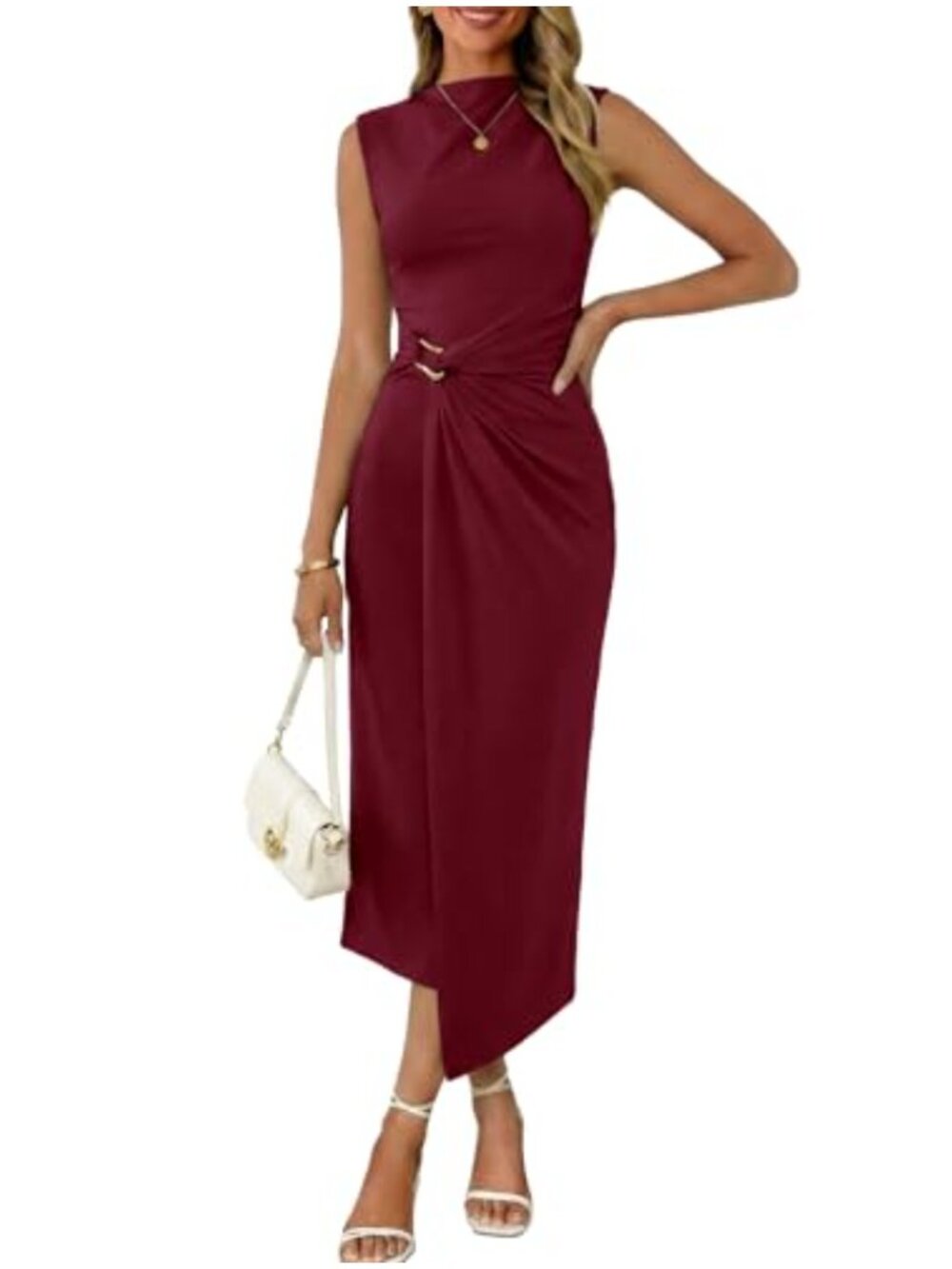 Women's Sleeveless Mock Neck Ruched Bodycon Midi Dress
